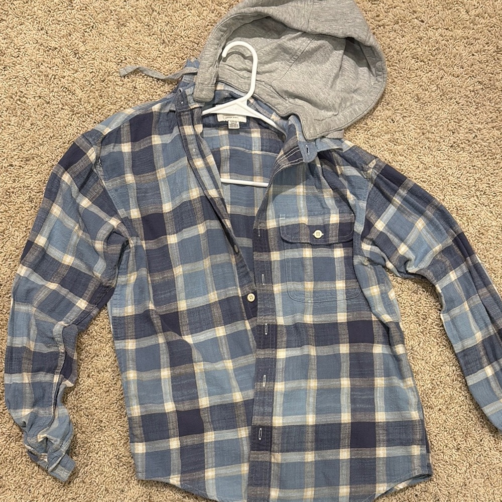 Men's Blue Plaid Shirt with Hood